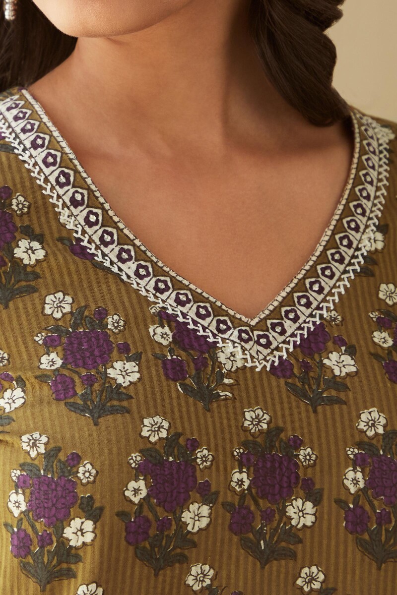 Mustard Hand Printed Straight Cotton Dobby Kurta