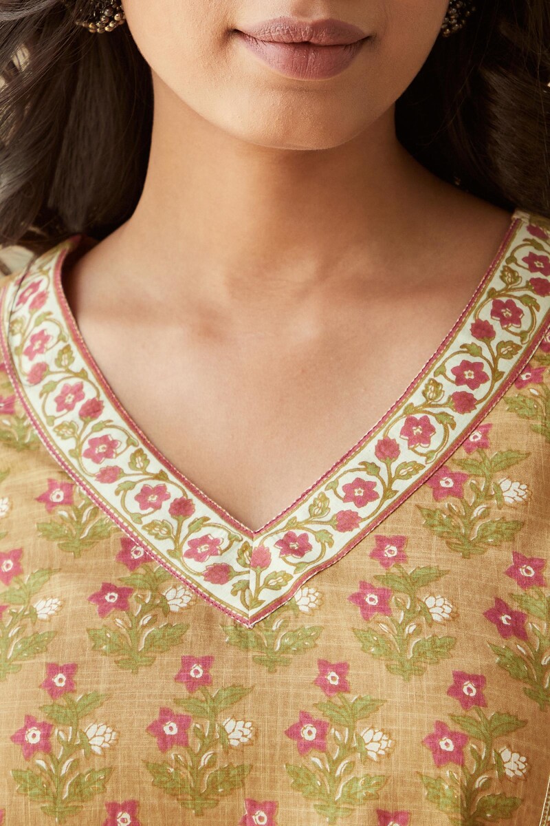 Mustard Hand Printed Cotton Slub Top