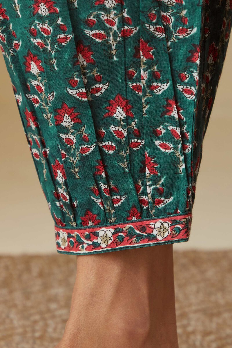 Green Hand Block-Printed Cotton Izhaar Pants