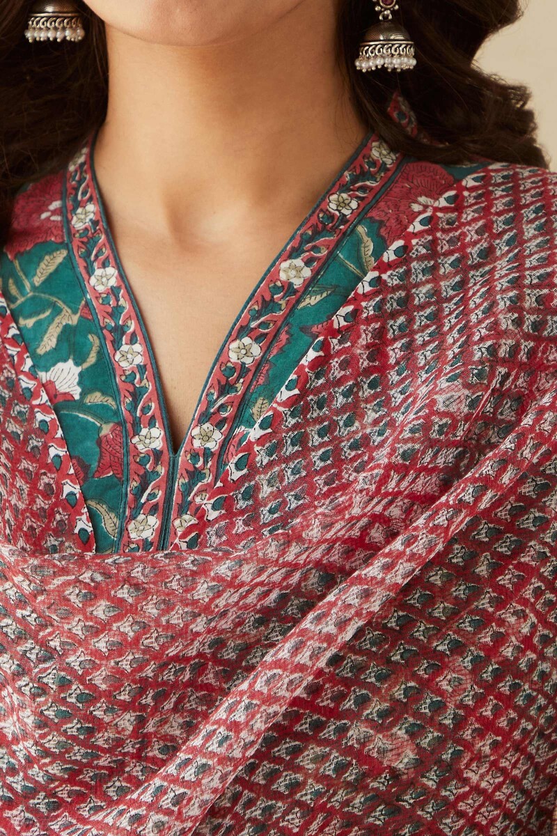 Red Hand Block-Printed Kota Dupatta
