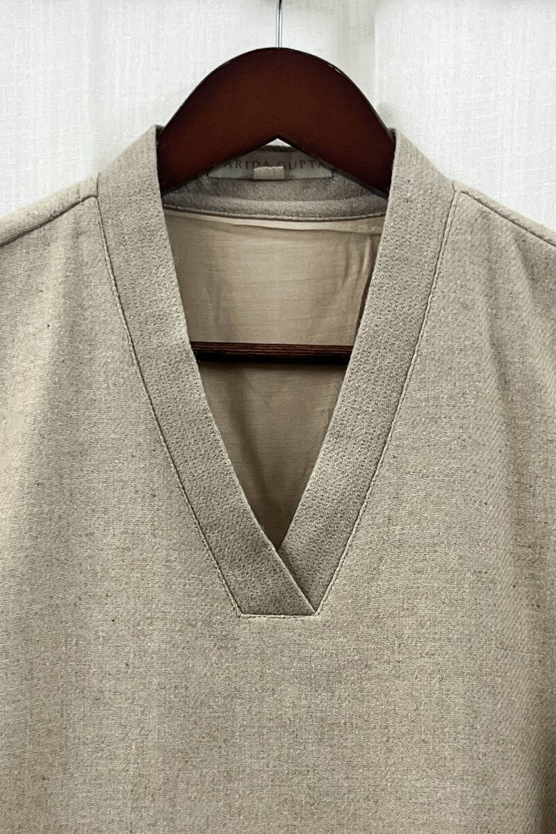 Beige Handcrafted Straight Faux Wool Kurta