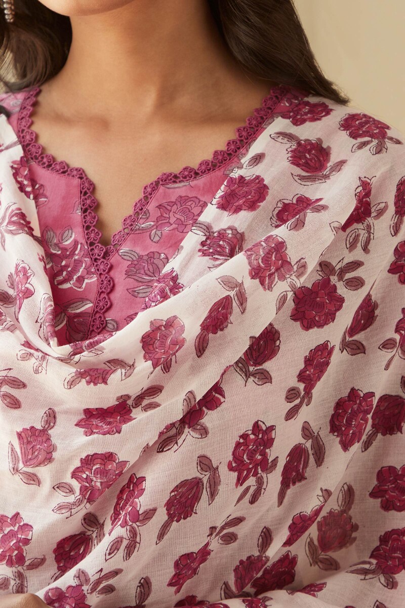 Pink Hand Block-Printed Cotton Mul Dupatta