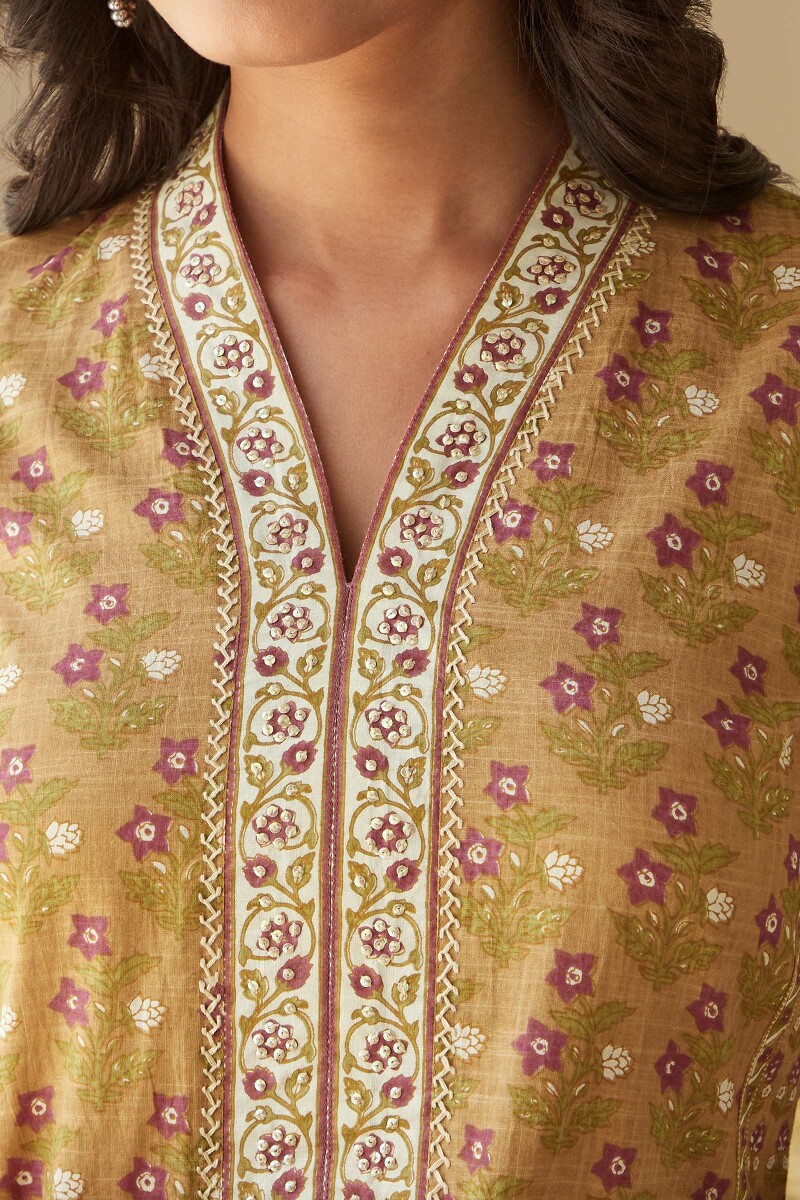 Mustard Hand Printed Straight Cotton Slub Kurta