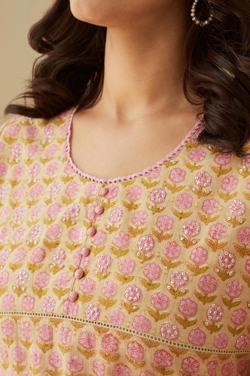 Beige Hand Block-Printed. Straight Cotton Dobby Kurta