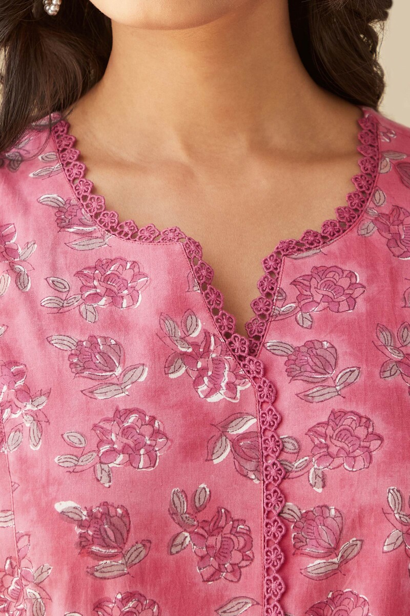 Pink Hand Block-Printed Straight Cotton Kurta