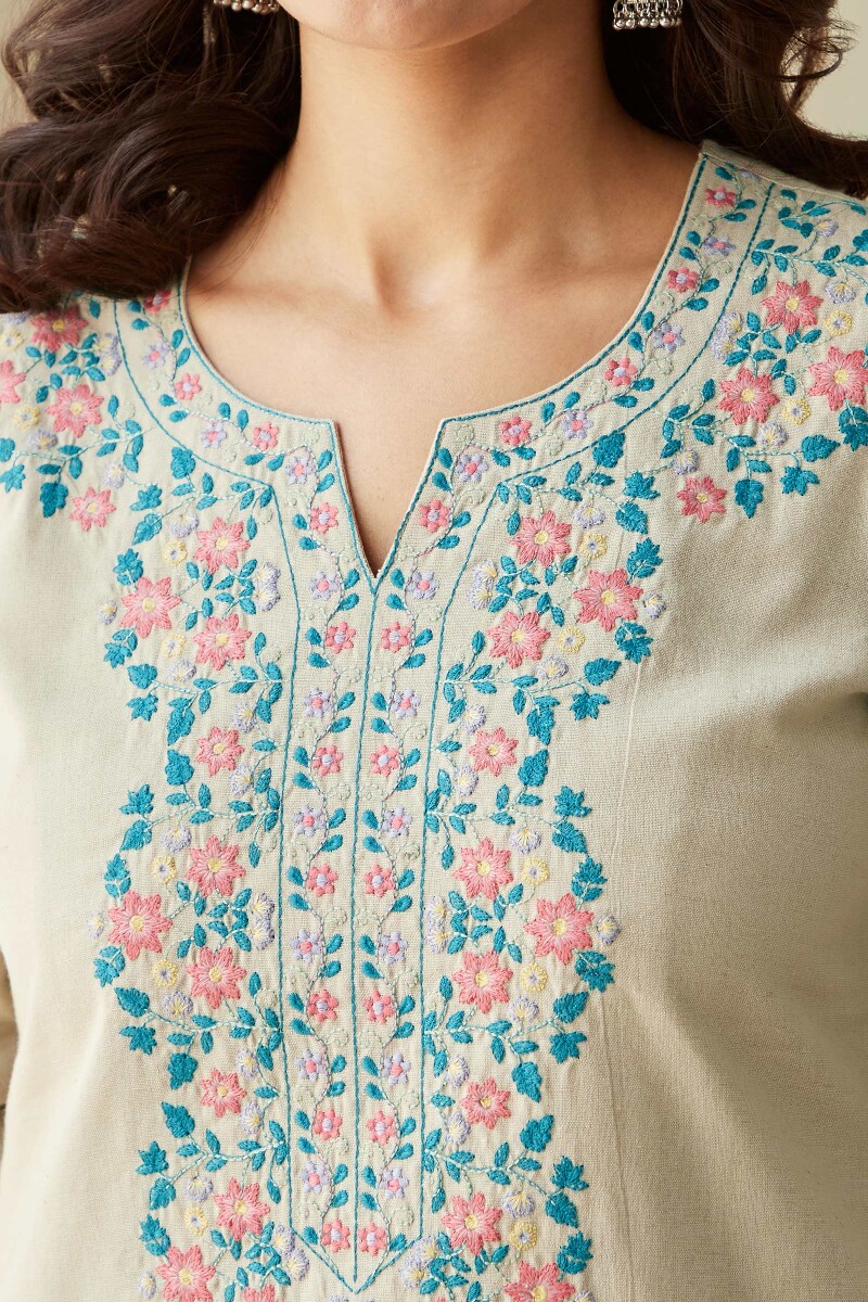 Beige Handcrafted Straight Cotton Flax Kurta