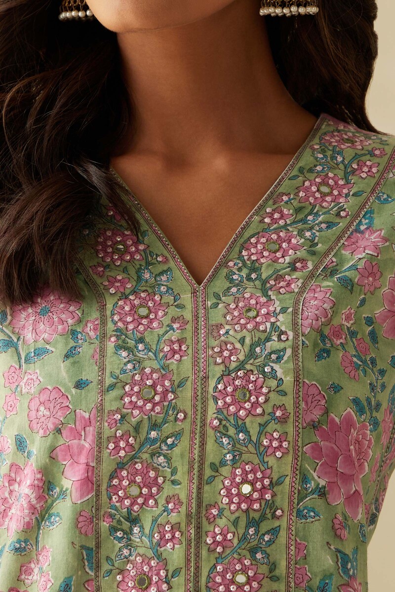 Green Hand Block-Printed Straight Cotton Kurta