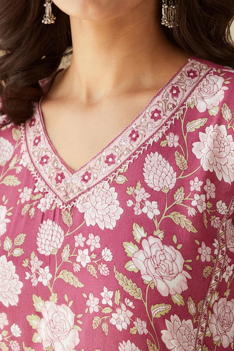 Pink Hand Printed Straight Viscose Kurta