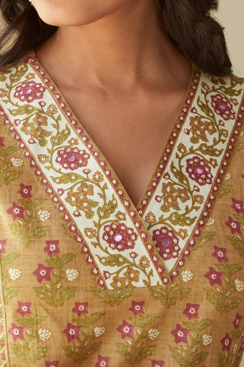 Mustard Hand Printed Straight Cotton Slub Kurta