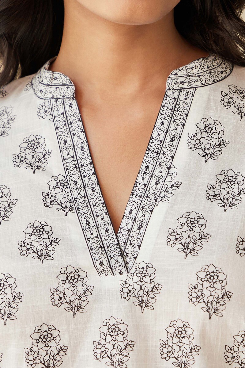 White Hand-Printed Cotton Slub Loungewear Set