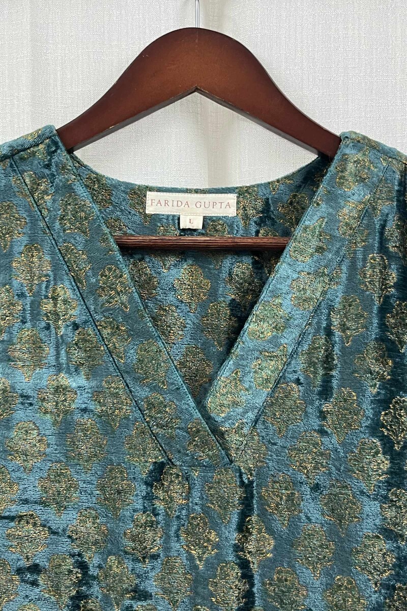 Teal Hand Block-Printed Straight Velvet Kurta