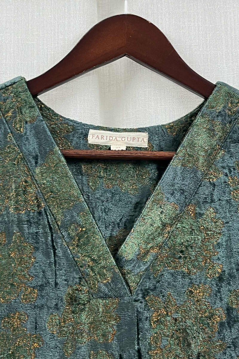 Teal Hand Block-Printed Straight Velvet Kurta