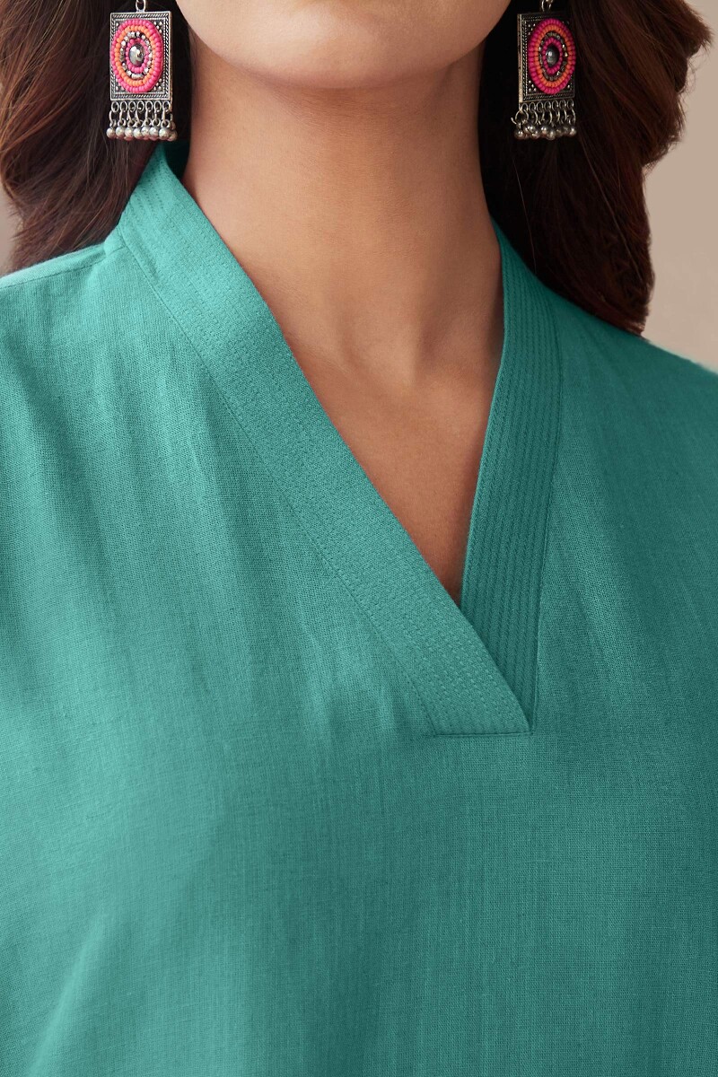 Turquoise Handcrafted Straight Cotton Flax Kurta
