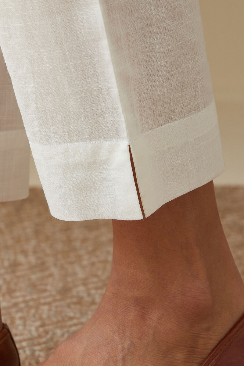 White Handcrafted Cotton Slub Narrow Pants
