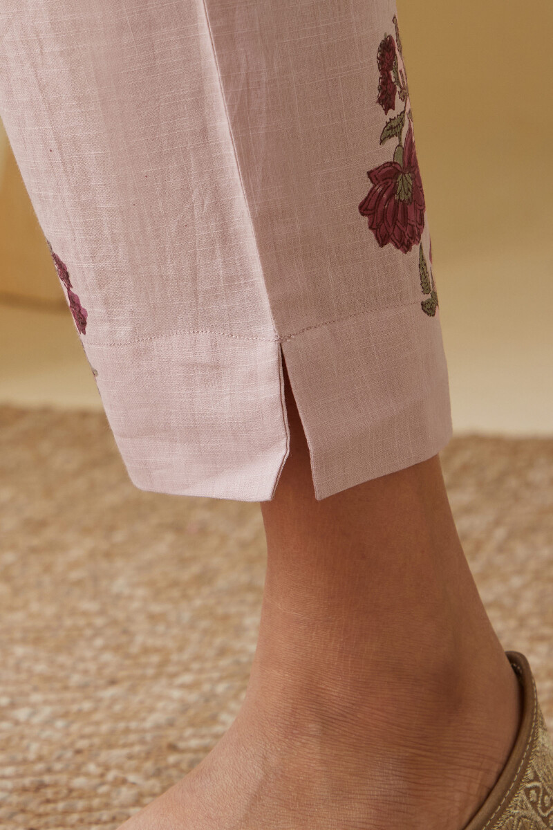 Purple Hand Block-Printed Cotton Slub Narrow Pants