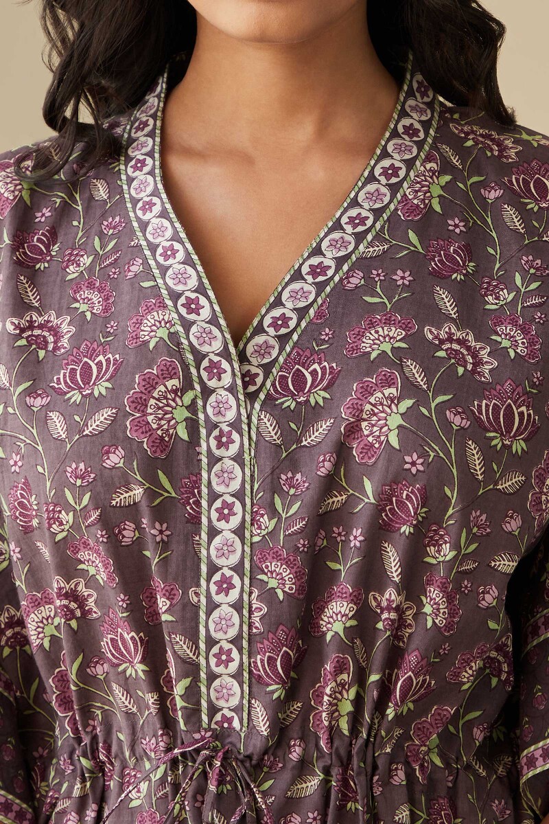 Purple Hand Printed Cotton Mul Kaftan