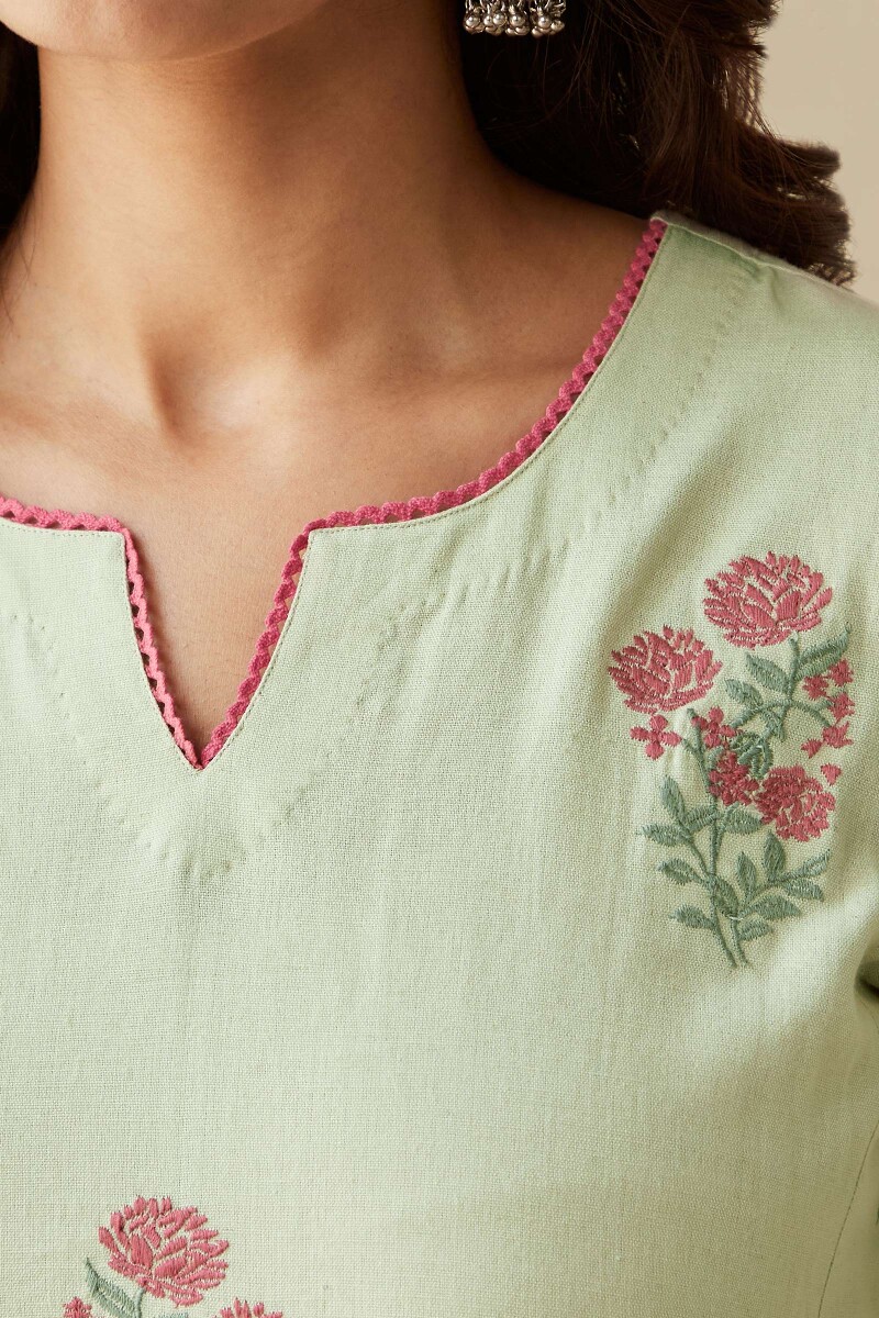Green Handcrafted Straight Cotton Flax Kurta
