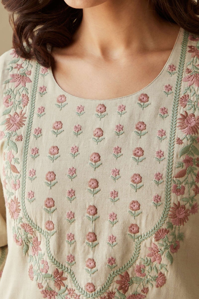 Beige Handcrafted Straight Cotton Flax Kurta