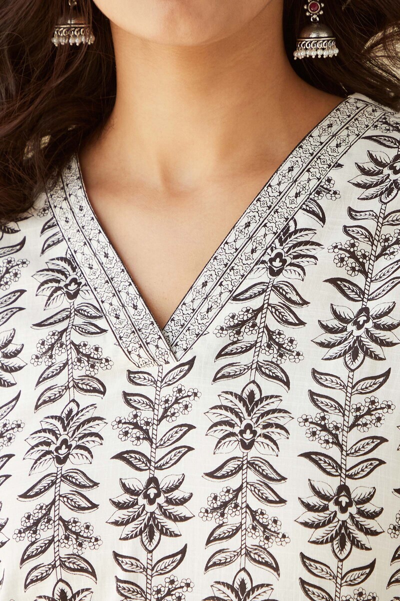 White Hand Printed Straight Cotton Slub Kurta