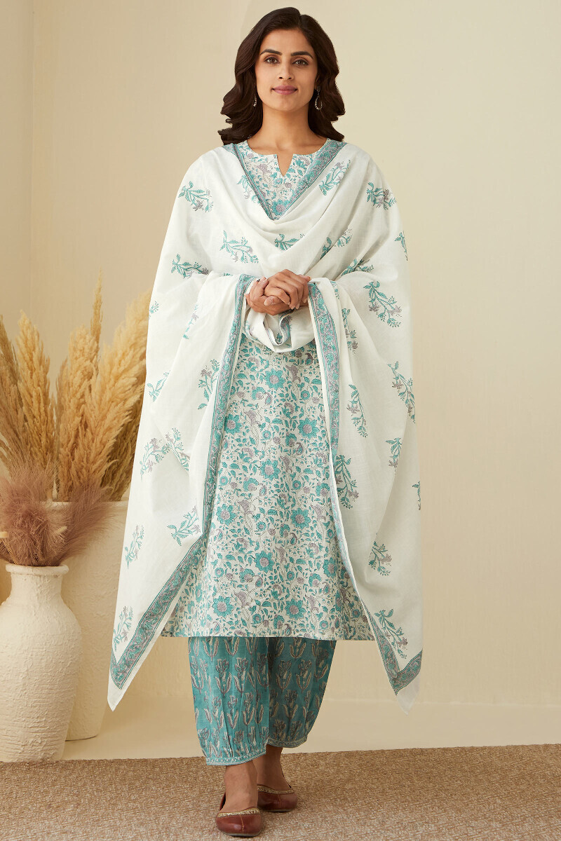 White Hand Block-Printed Straight Cotton Slub Kurta