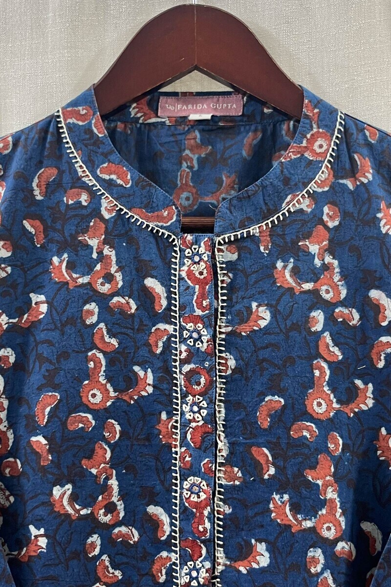 Blue Hand Block-Printed Straight Cotton Kurta