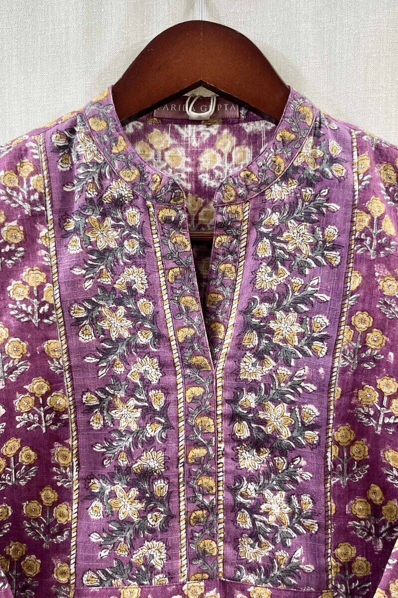 Purple Hand Block-Printed Cotton Slub Top