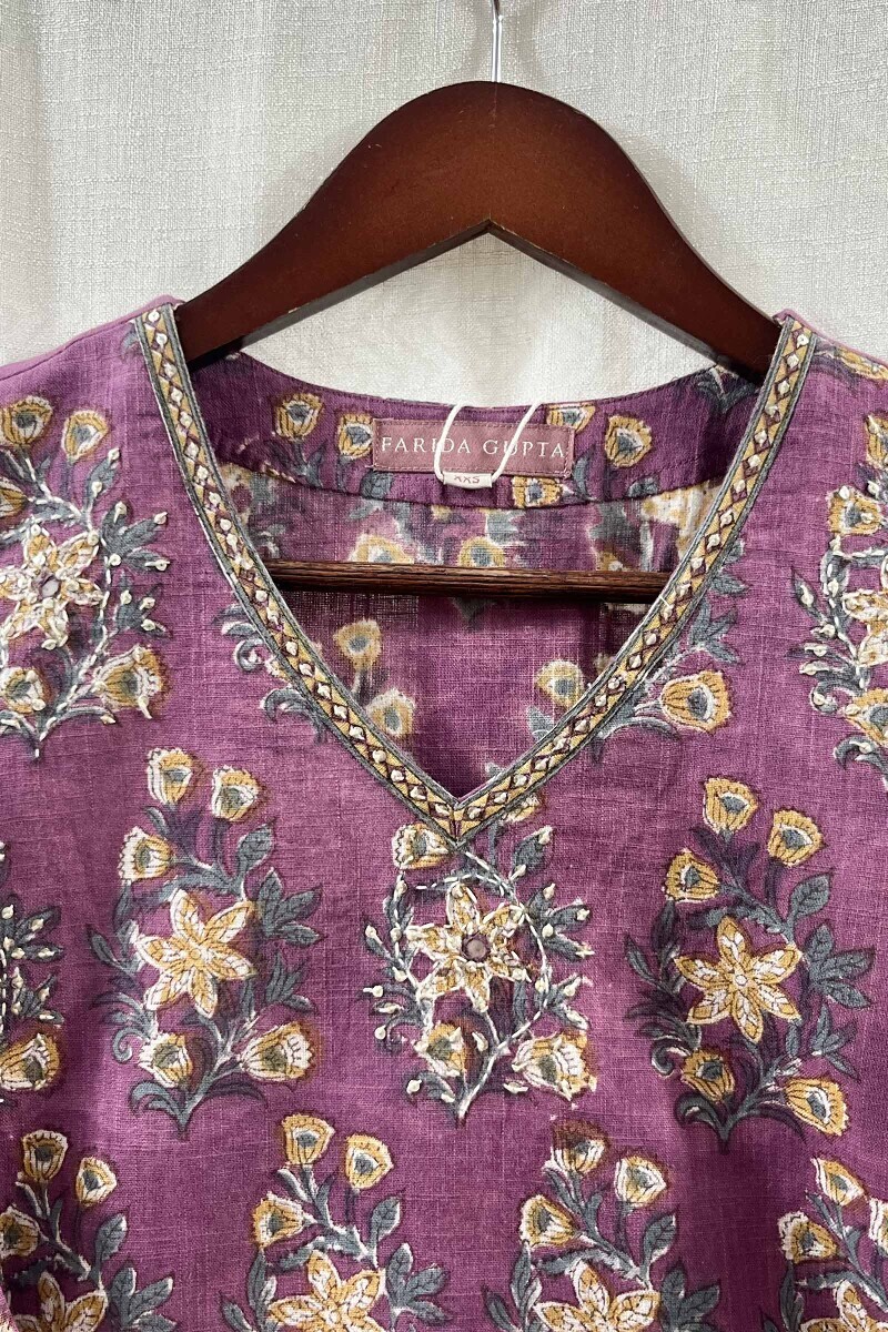 Purple Hand Block-Printed Cotton Slub Top