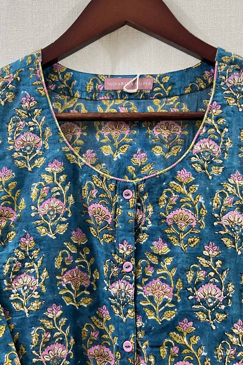 Teal Hand Block-Printed A-Line Cotton Mul Kurta