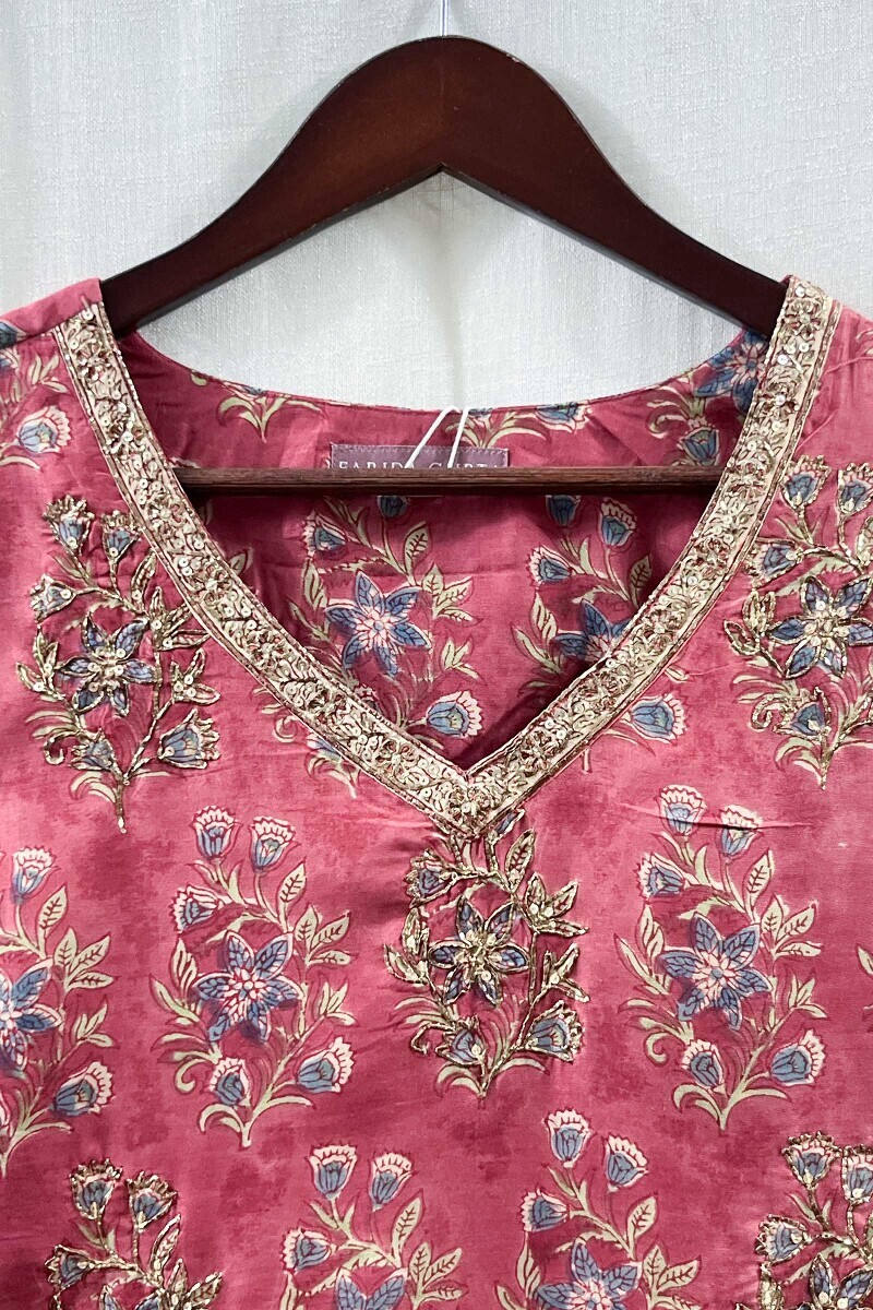 Pink Hand Block-Printed Straight Modal Kurta