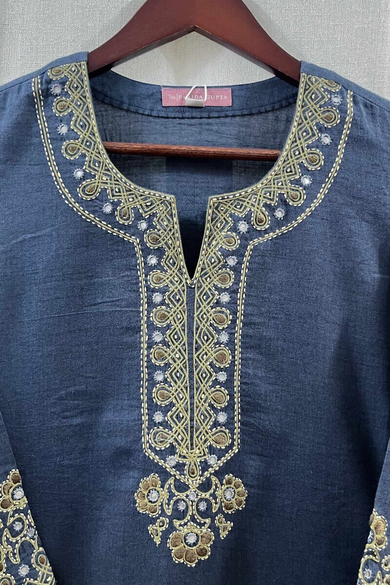 Blue Handcrafted Straight Handloom Cotton Kurta