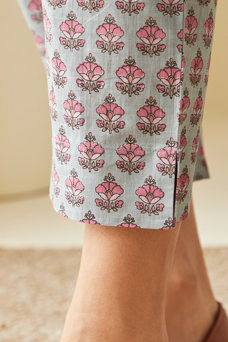 Blue Hand Printed Cotton Slub Narrow Pants