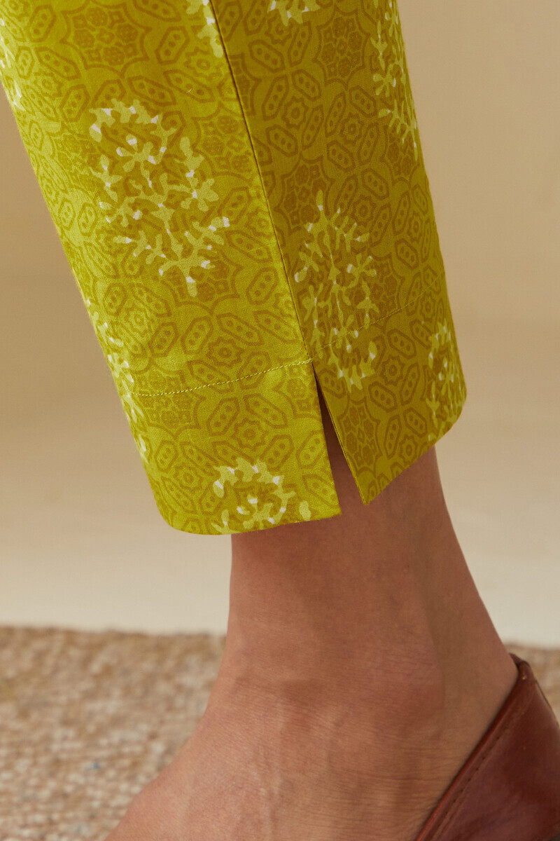 Green Hand Printed Cotton Narrow Pants