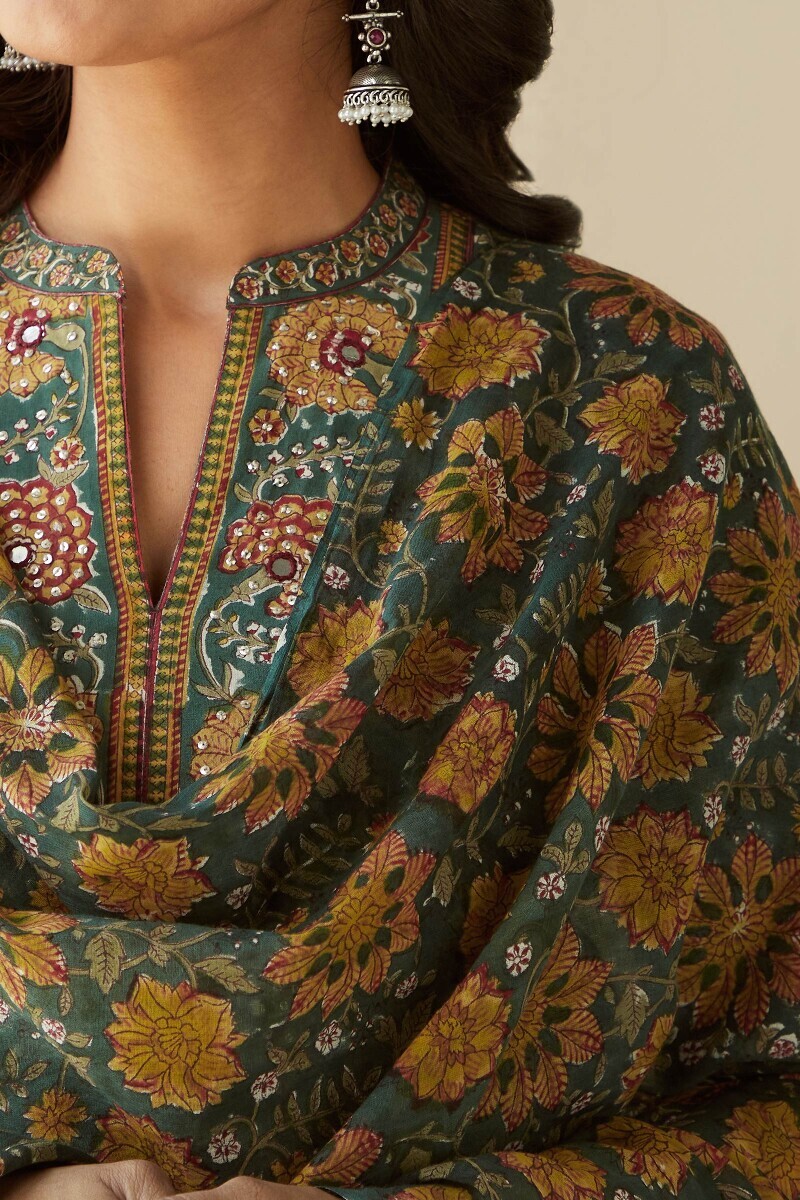 Green Hand Block-Printed Cotton Mul Dupatta