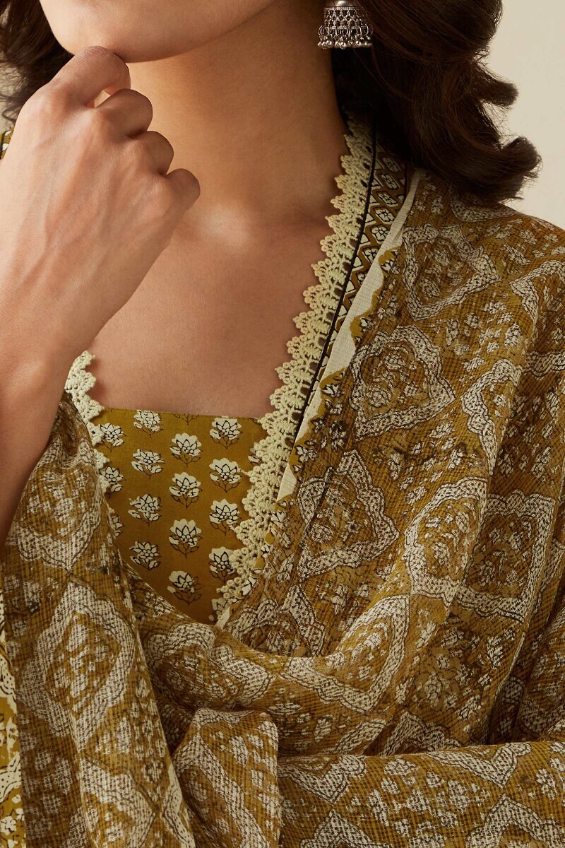 Mustard Hand Block-Printed Kota Dupatta