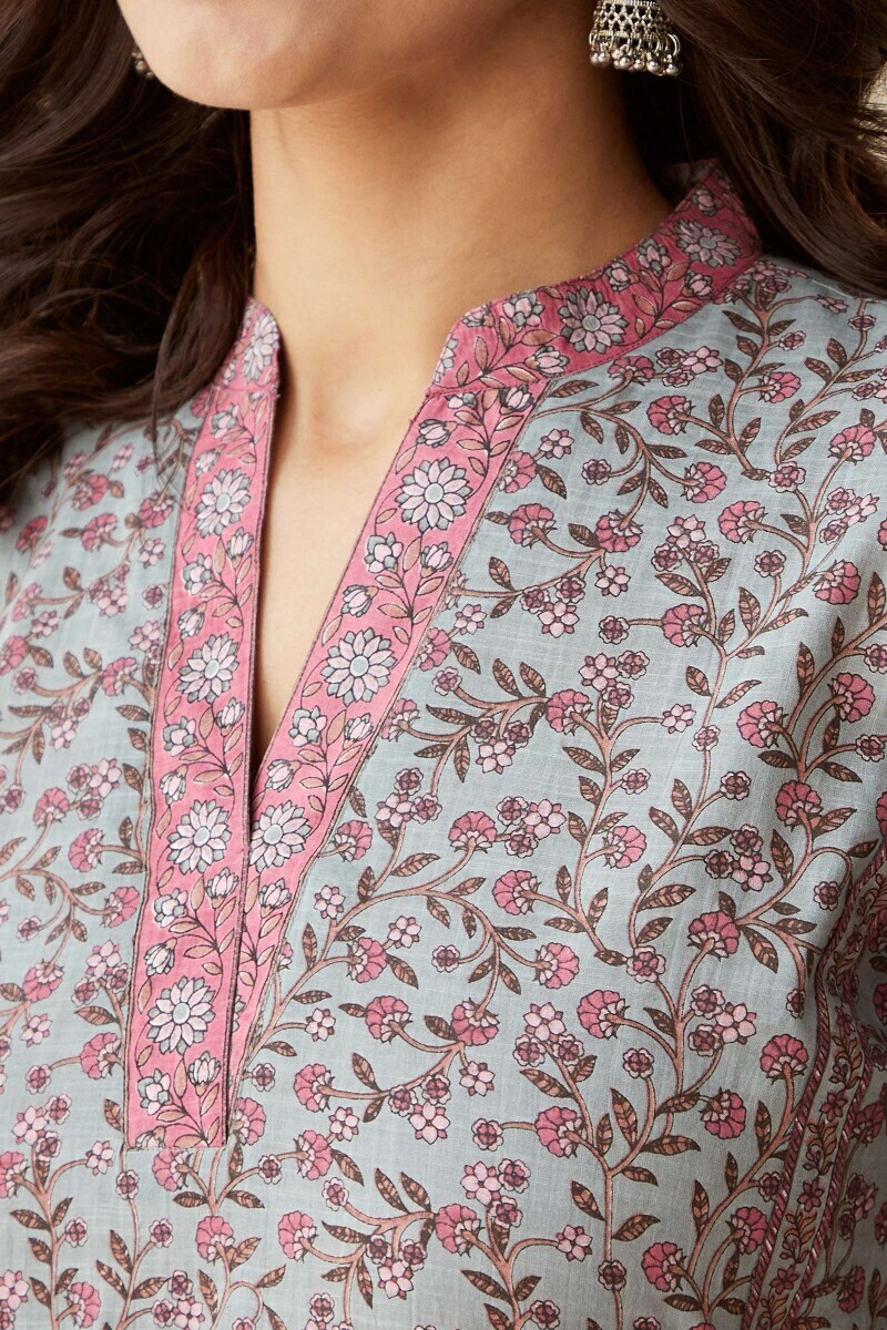 Blue Hand Printed Straight Cotton Slub Kurta