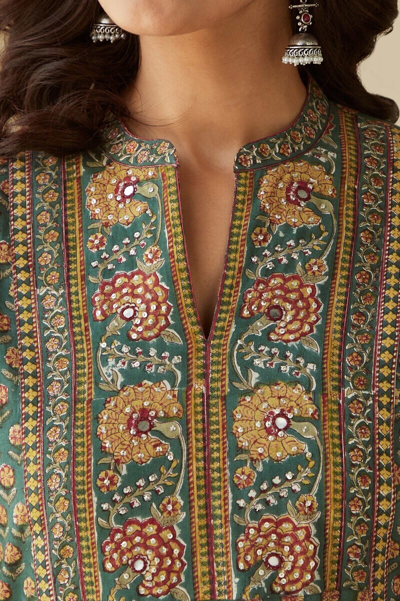 Green Hand Block-Printed Straight Cotton Kurta