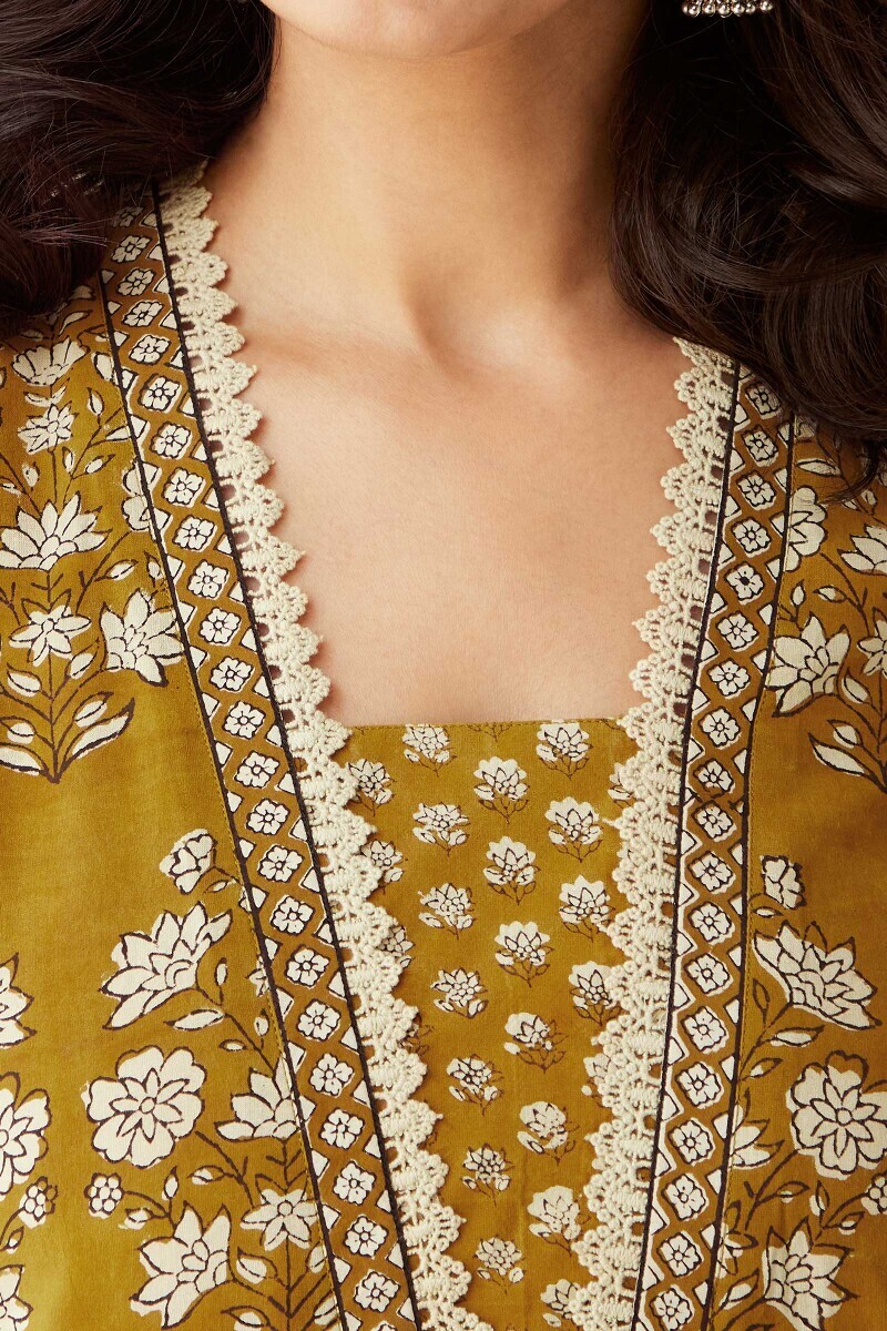 Mustard Hand Block-Printed Straight Viscose Kurta