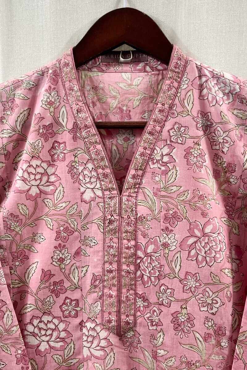 Pink Hand Block-Printed Anarkali Cotton Slub Kurta