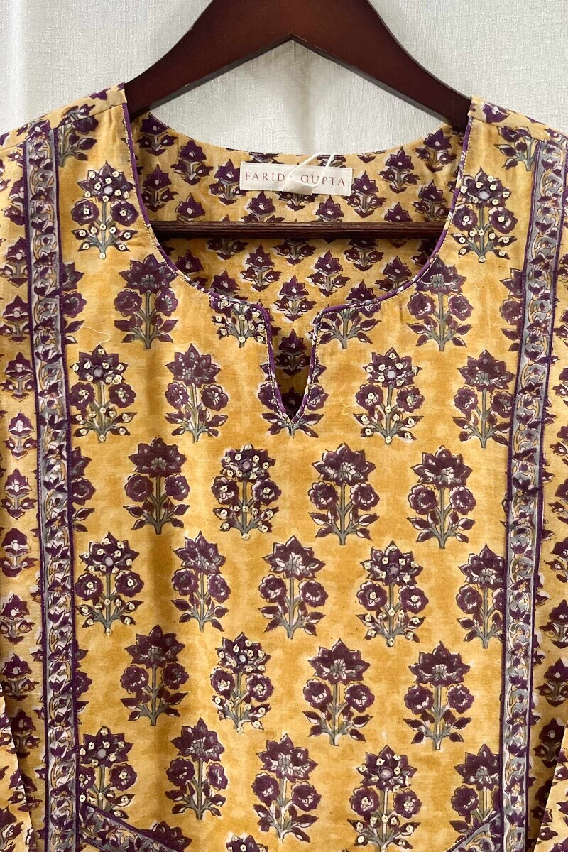 Yellow Hand Block-Printed Straight Chanderi Kurta