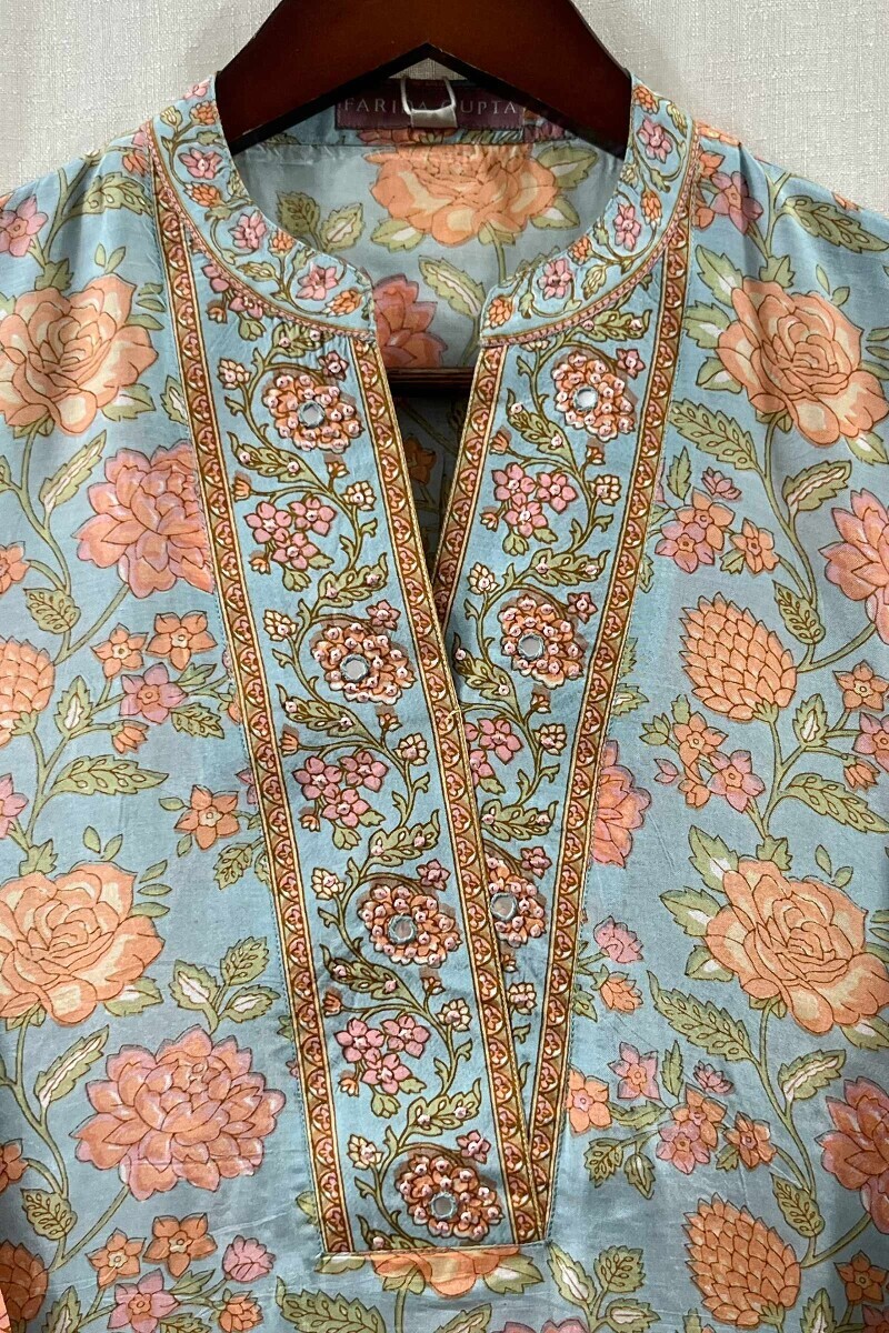 Sky Blue Hand Printed Straight Modal Kurta