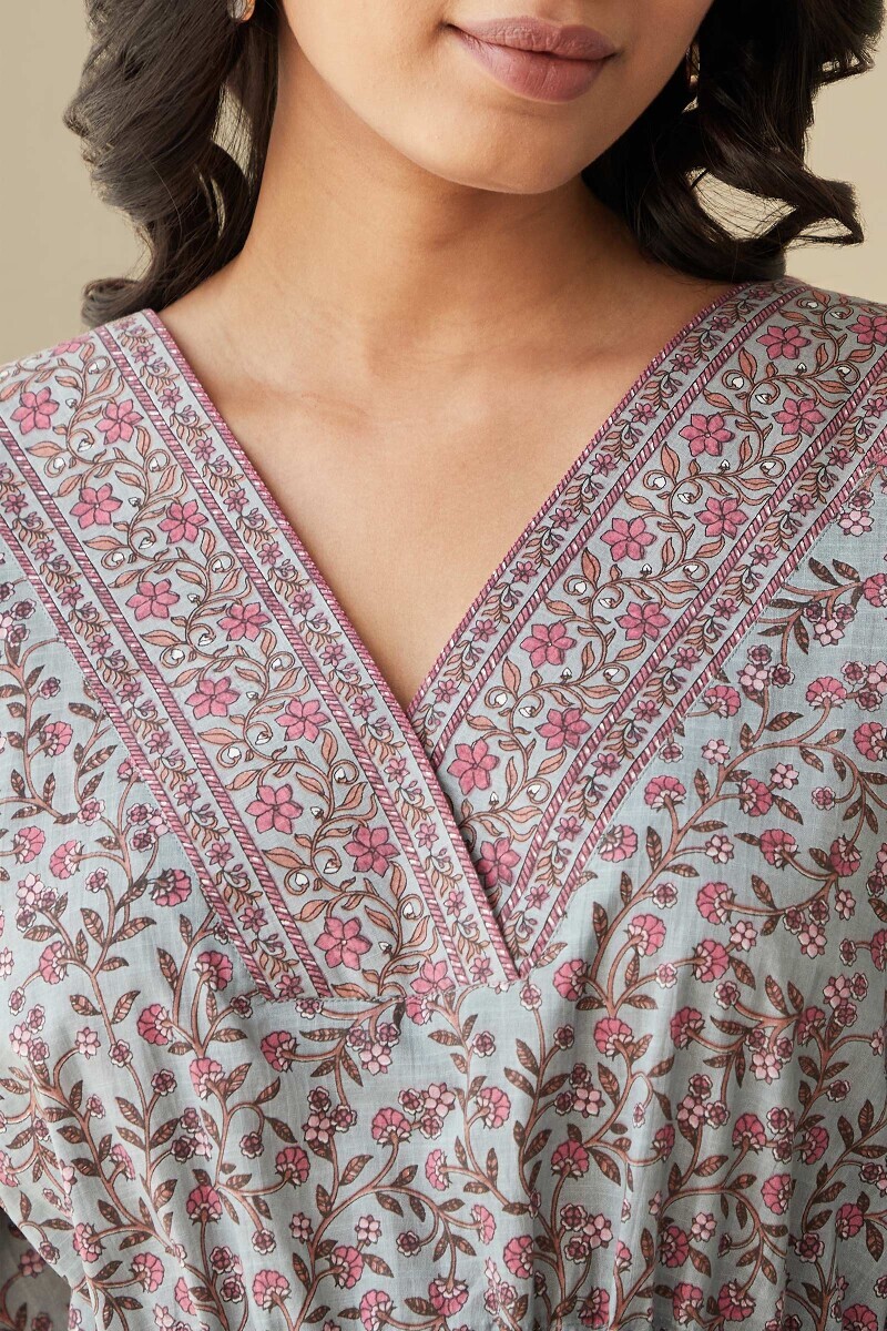 Blue Hand Printed Cotton Slub Kaftan