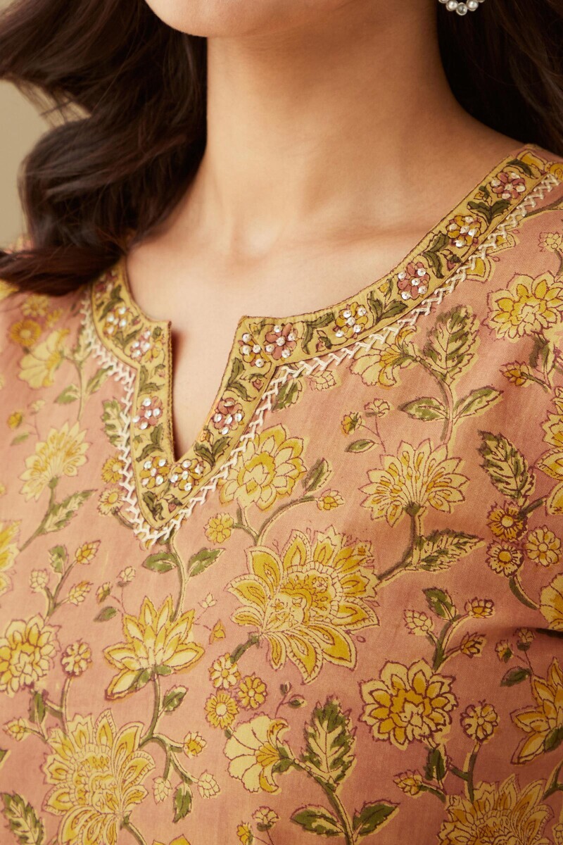 Pink Hand Block-Printed Straight Cotton Kurta