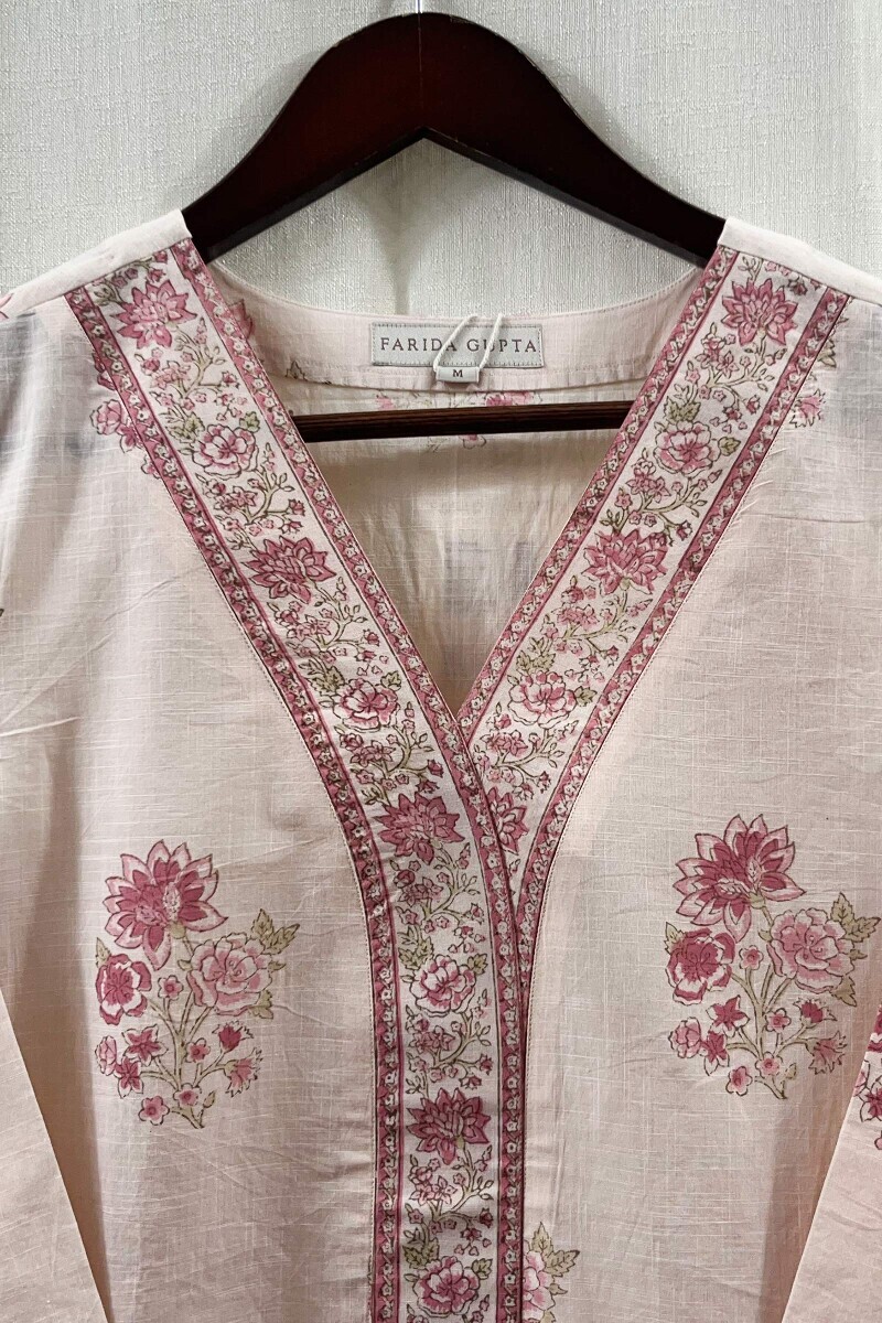 Light Pink Hand Block-Printed Straight Cotton Slub Kurta