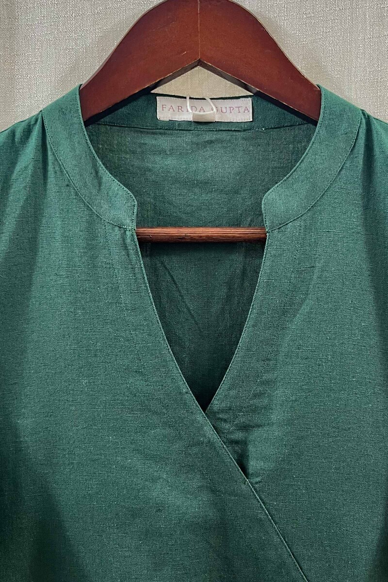 Dark Green Handcrafted Cotton Flax Dress