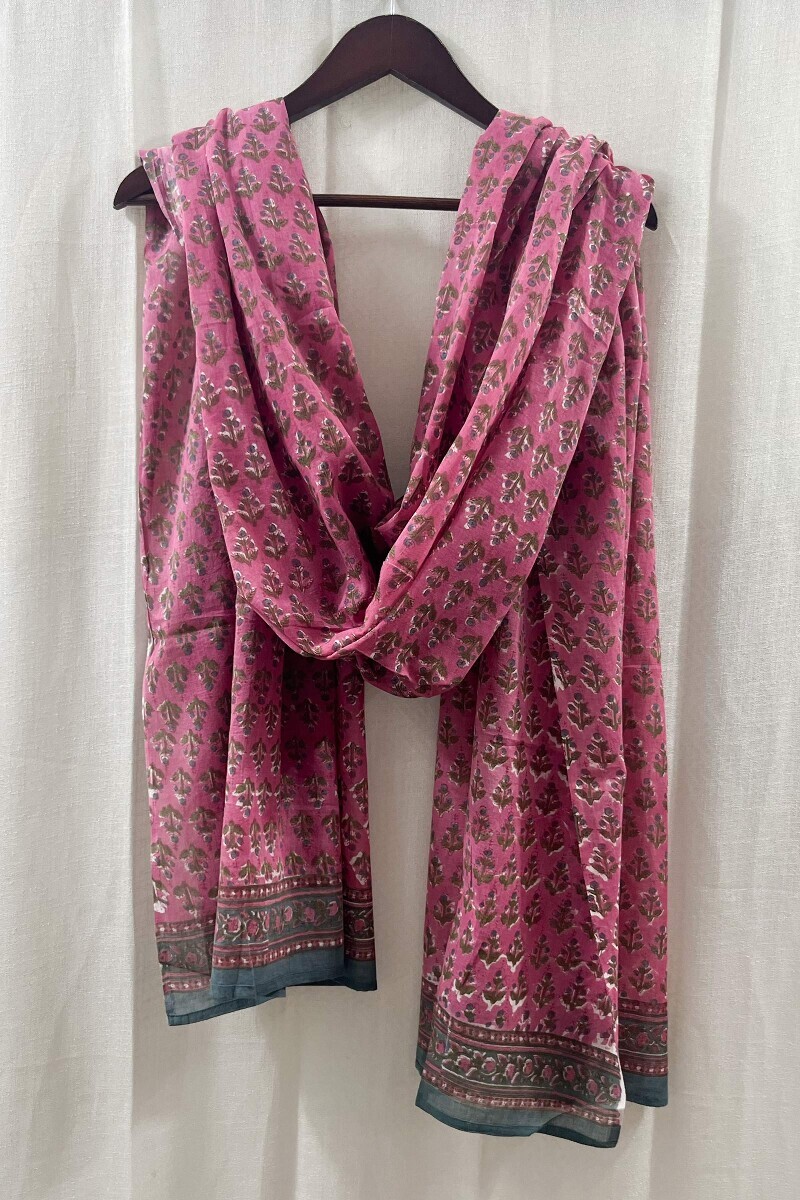 Pink Hand Block-Printed Cotton Mul Dupatta