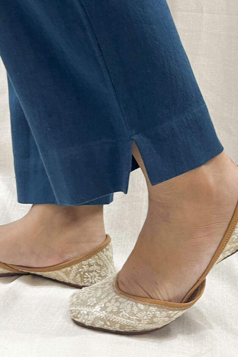 Blue Handcrafted Cotton Flax Narrow Pants