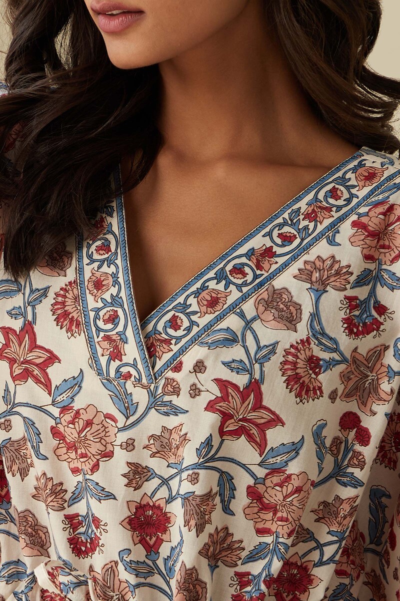 Cream Hand Printed Cotton Mul Kaftan