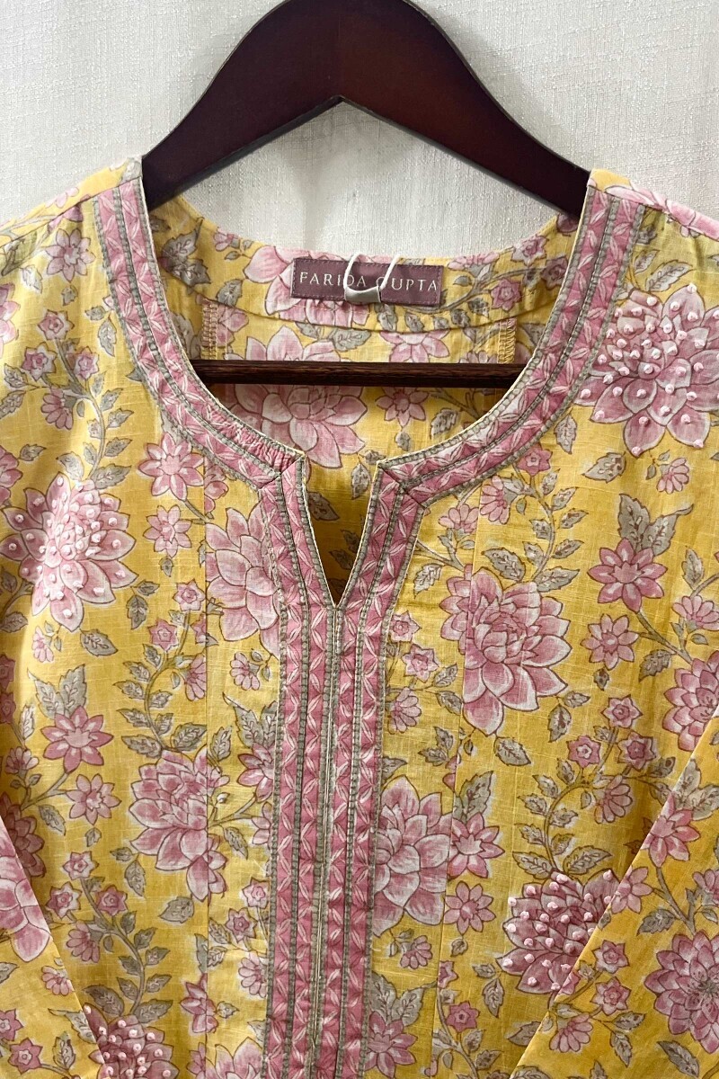 Yellow Hand Block-Printed A-Line Cotton Slub Kurta