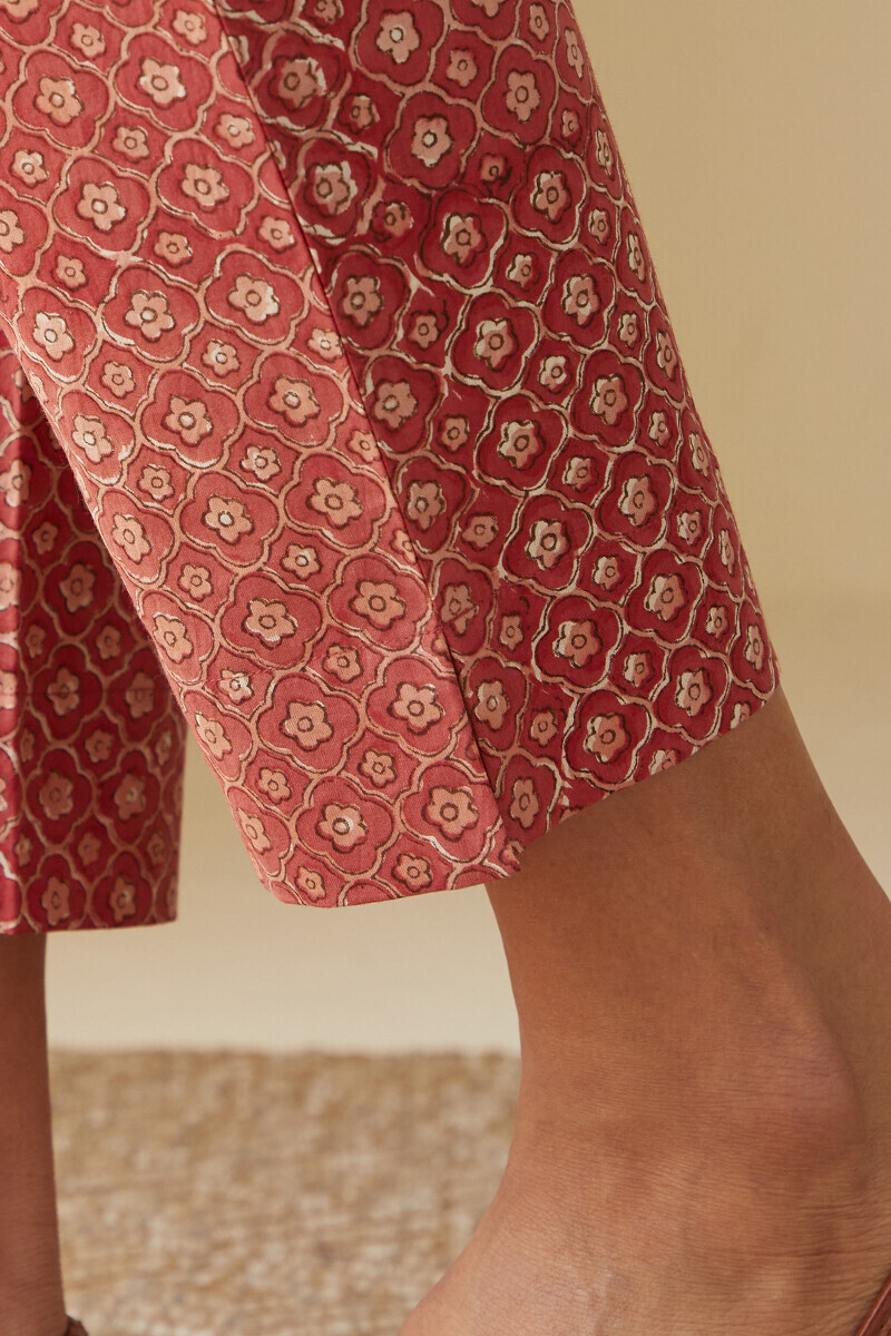 Red Hand Block-Printed Cotton Narrow Pants