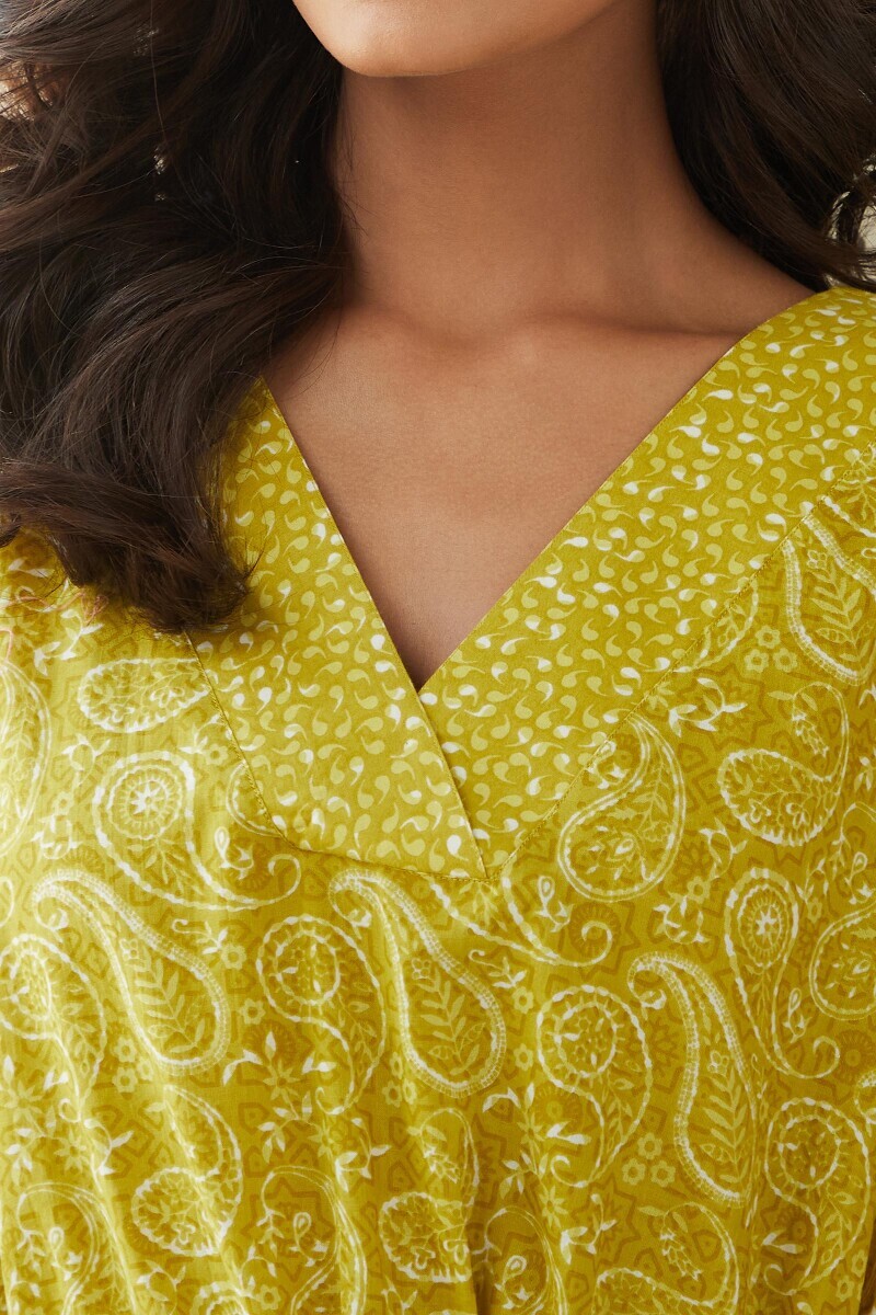 Green Hand Printed Cotton Kaftan